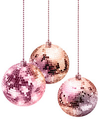 Colorful rose gold tone disco glitter mirror Christmas balls hanging isolated