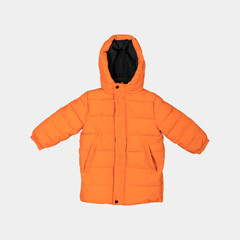 Orange children's winter autumn jacket with a hood isolated on gray background. Waterproof jacket for child, warm down jacket. Cutout clothing mockup. Fashion, style, outerwear
