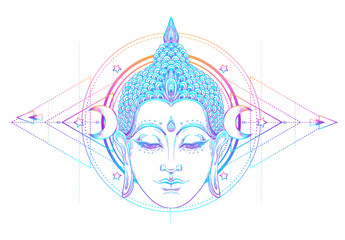 Buddha face over ornate mandala round pattern. Esoteric vintage vector illustration. Indian, Buddhism, spiritual art. Hippie tattoo, spirituality, Thai god, yoga zen Coloring book pages for adults.
