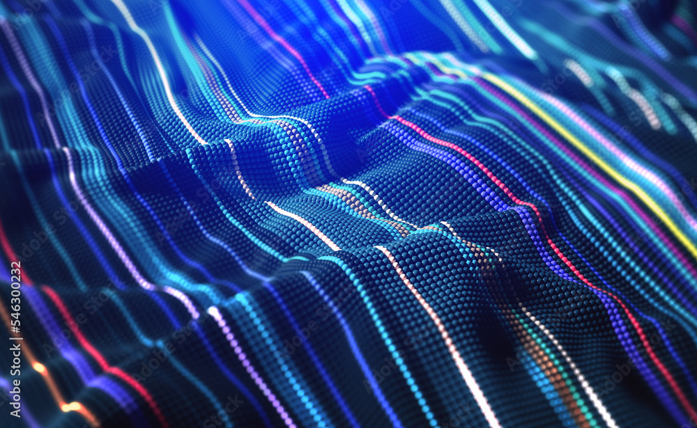 Poster chaos sounds, particle fragmentation, current data. strings of information, musical waves, digital s