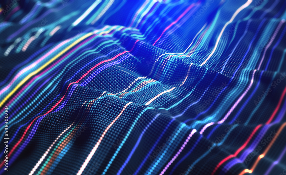 Poster chaos sounds, particle fragmentation, current data. strings of information, musical waves, digital s