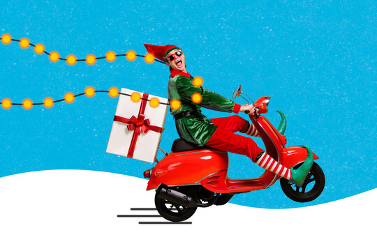 Creative collage image of excited cool elf costume guy driving moped deliver x-mas giftbox isolated on festive background