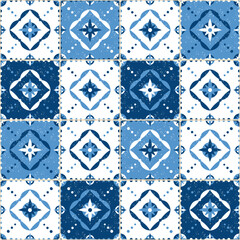Ceramic tile pattern seamless vector with mosaic ornaments. Spanish, portuguese lisbon azulejos, mexican talavera, italian sicily majolica, mediterranean texture design.