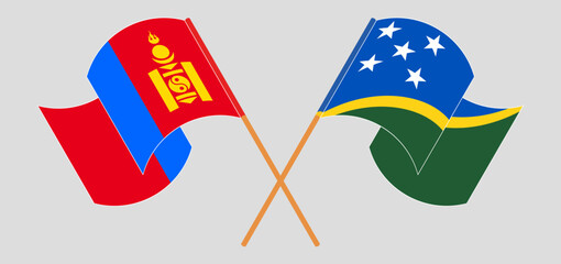 Crossed and waving flags of Mongolia and Solomon Islands