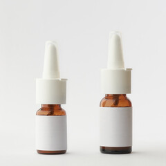 different size of brown glass nasal spray bottles mockup, medical moisturizer for flu and...