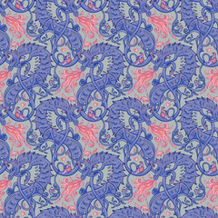 Mythological magic beast Basilisk, legendary bizarre creature. Seamless pattern design in medieval style. Dragon, burning flame. Repetition background. Wrapping paper, wallpapers. Vector illustration.