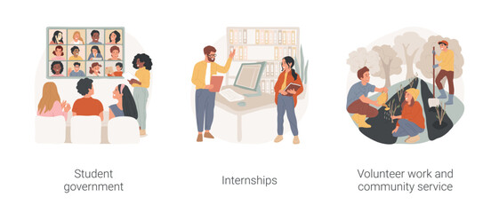 High school social activities isolated cartoon vector illustration set. Student government campaign, high school internship, practical study, volunteer work and community service vector cartoon.