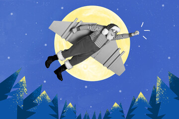 Exclusive magazine picture sketch image of excited cool santa flying fast hurrying deliver xmas...