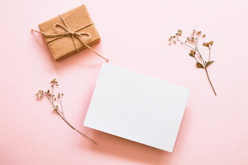 white blank card , gift box and grass flower on pink background