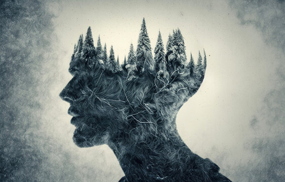 abstract illustration and side view of man head with trees and roots