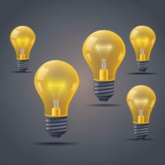 3d yellow light bulb icon set isolated on gray background. Render cartoon style minimal yellow, transparent glass light bulb. Creativity idea, business success, strategy concept. 3d realistic 2r