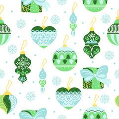 Merry Cristmas. Seamless pattern with Christmas toys and a gift. Vector, color illustration.
