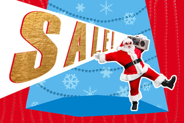 Collage 3d image of pinup pop retro sketch of funky santa announcing xmas sale boom box isolated...