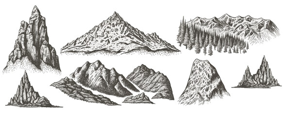 Mountains peak engraving. A large set isolated on a white background. Vector illustration © Zaleman