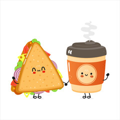 Cute happy coffee and sandwich card. Vector hand drawn doodle style cartoon character illustration icon design. Happy coffee and sandwich friends concept card
