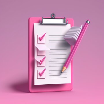 3d paper clipboard task management todo check list with pencil, fast work on project plan, fast progress, level up concept, 3d pencil note, exam paper checklist icon. 3d 2r illustrated render pink