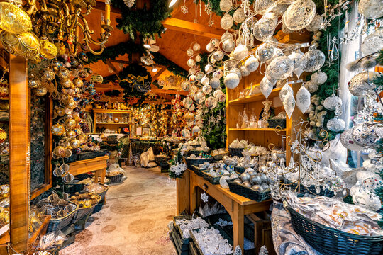 Interior view of wooden shop decorated for Christmas holidays in Vienna.