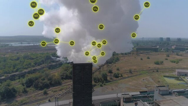 Environmental pollution visualization. White smoke from the factory chimney, visualization of the release of hazardous components. Emission of solid substances into the atmosphere.