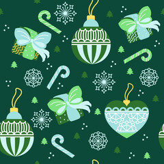 Christmas and New Year. Seamless background with Christmas toys and snowflakes, gifts. Vector illustration.
