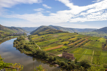 Moselle River in Germany, view of Calmont village and vineyards in the Mosel river valley