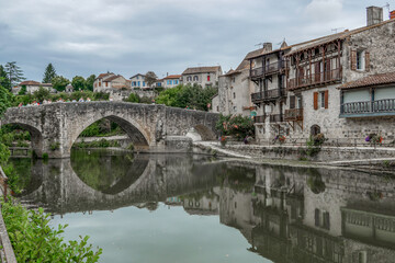 Fototapeta premium Panorama to the old quarter of the city of Nerac, Southwestern France.