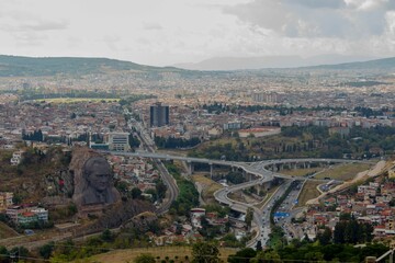 Beautiful view of Izmir city in Turkey with roads during sunrise