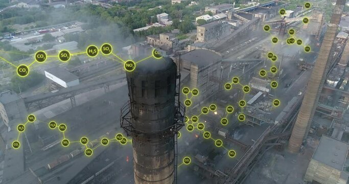 Emissions from the factory chimney. Flight around the factory chimney with smoke. Visualization of hazardous emissions from the plant's chimney. Environmental pollution concept
