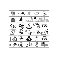 Money or financial vector icon set. Dollar coin, money stack, wallet, banknote finance vector illustration.
