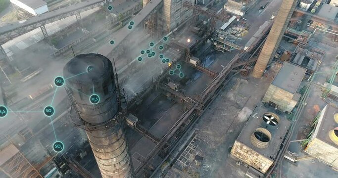 Flight around the Pipe with dangerous emissions into the atmosphere. The concept of emissions into the atmosphere. Hazardous chemicals fly out of the factory chimney, visualization process.