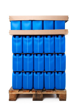 Blue plastic Can on wooden pallet