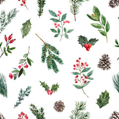 Winter floral seamless pattern. Watercolor winter greenery, foliage, pine branches, and berries on white background. Christmas painted print.