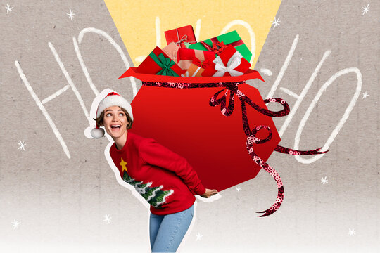 Photo artwork minimal picture of impressed funny holding back big huge x-mas gifts sack isolated drawing background