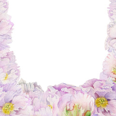 Watercolor square frame arrangement with hand drawn delicate pink peony flowers, buds and leaves. Isolated on white background. For invitations, wedding, love or greeting cards, paper, print, textile