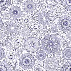 Grey ornament with blue outline, boho style, white background. Seamless floral pattern, hand drawn, vector.