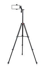 Smartphone with blank screen on the tripod camera isolated on white background.