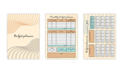 Budget planners book. Vector set of  templates with financial plan of incomes and expenses. Money accounting for family or business. Vector abstract blank pages