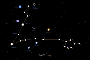 Fototapeta na wymiar PISCES zodiac horoscope star constellation space symbol, horoscope night sky map. vector illustration