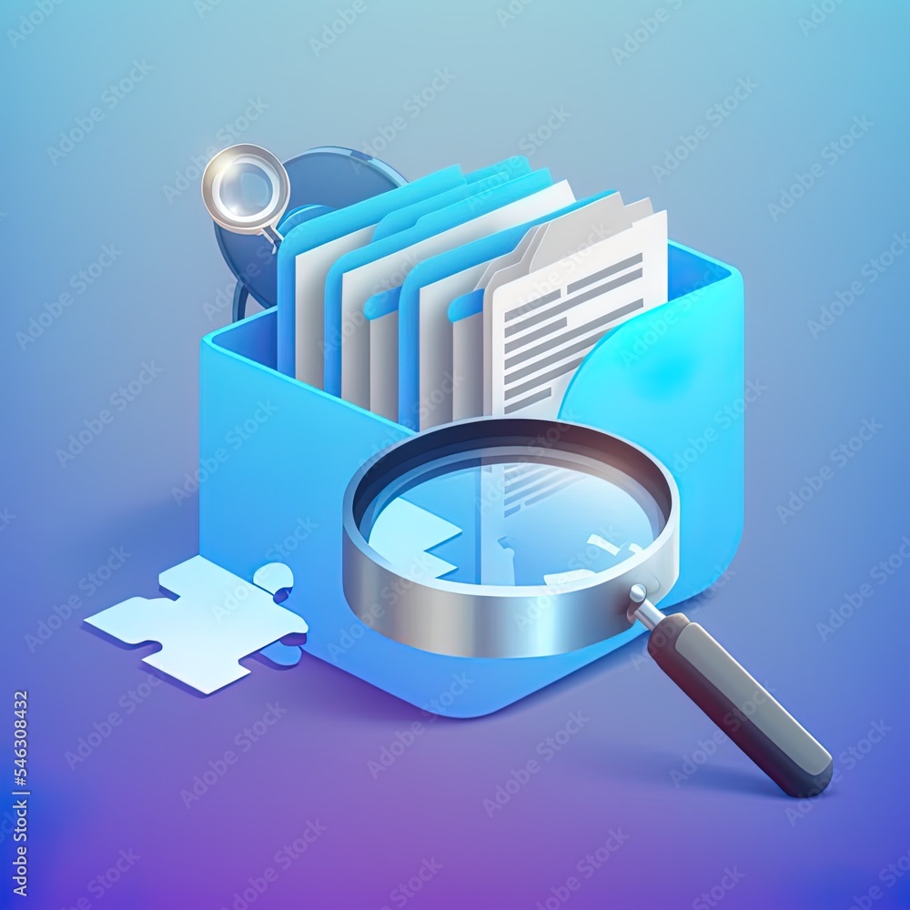 Poster 3d search icon concept of media file management. searching image and video files in database. 3d doc