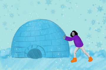Creative collage image of excited girl black white gamma hands push ice house igloo isolated on...