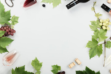 Flat-lay of red, rose and white wine in glasses on white backgroun, mock up, templated