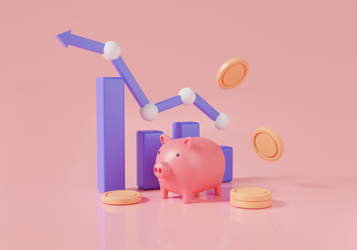 Piggy bank with Bar chart  growing up and coin. Finance, storage money, Business investment, growth money, Growing bars, Web banner. Saving money concept. 3d rendering  illustration. cartoon minimal