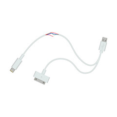 Broken plug isolated in white background. Damaged wire and USB cable. Cartoon vector illustration. Circuit, electricity, disconnection, repair concept for banner design