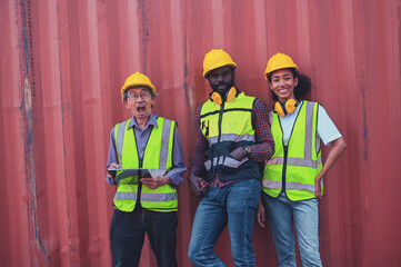 Old Asian worker, American African worker in business containers shipping yard, workers in containers shipment import export