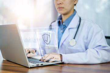 Doctor using computer Document Management System (DMS), online documentation database process automation to efficiently manage files - obrazy, fototapety, plakaty