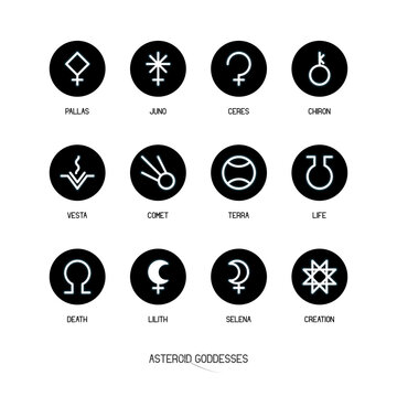 ASTEROID GODDESSES zodiac horoscope thin line label linear design esoteric stylized elements symbols signs. Vector illustration icons