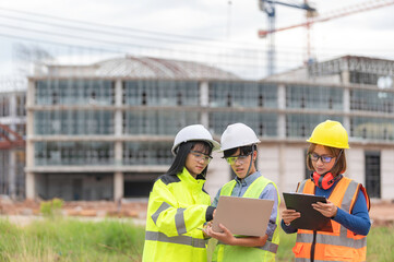 Young and senior Engineers discuss about work of large building underconstruction,Three people...