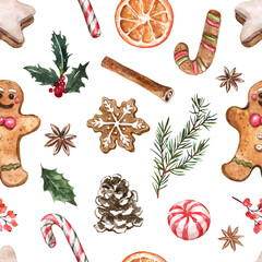Christmas holiday bakery and sweets seamless pattern. Watercolor gingerbread cookies print with white background. - 546309498