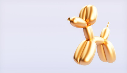 Dog with a golden balloon on a blue background. 3d illustration.