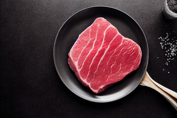 Juicy medium beef steak slices herbs spices and salt background copy space