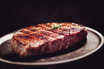 Juicy medium beef steak slices herbs spices and salt background copy space